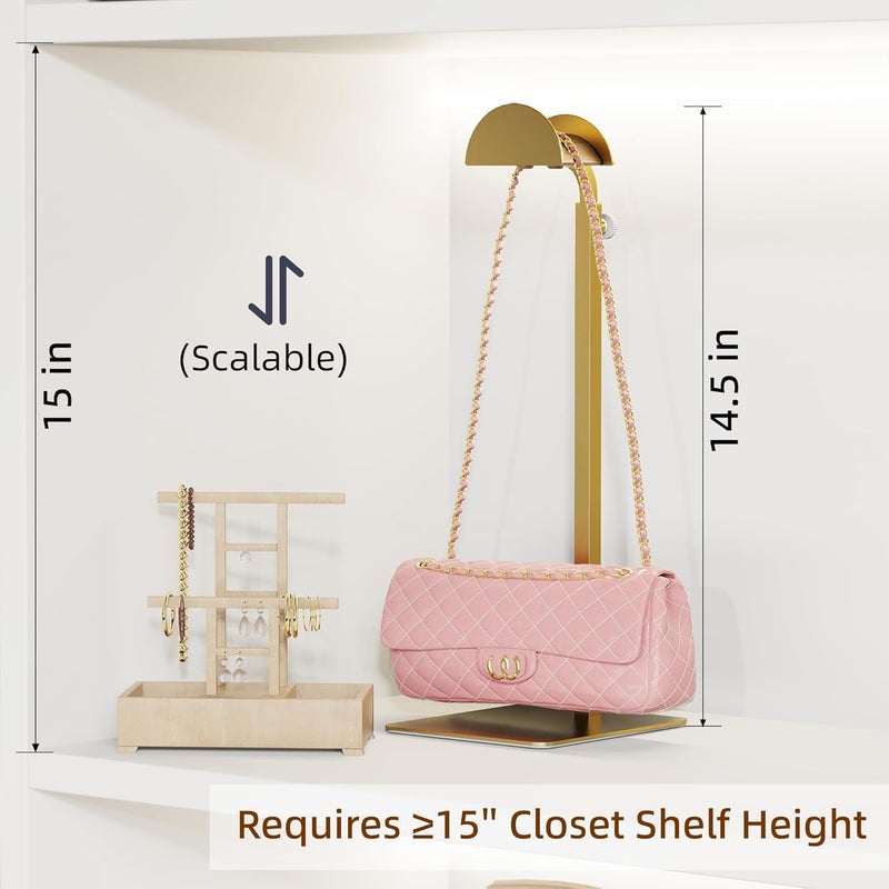 TIPSYTREE 2 Pack Purse Display Stand, Adjustable Height 14.27"–24" Handbag Stand Stainless Steel with Wood Hook for Closet, Vanity & Retail Display – Gold - Image 3
